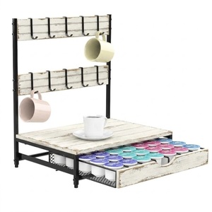 Organisateur d'accessoires pour bar à café style ferme, tiroir de rangement pour dosettes et support à tasses, station de rangement pour capsules en métal et bois - Product Image 1