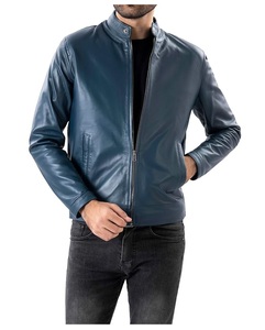 Chaqueta de Cuero Genuino para Hombre, Cuello Alto, Cierre Frontal con Cremallera, Color Azul Oscuro, Corte Ajustado, Prendas en Colores de Moda, Precio al por Mayor - Product Image 1