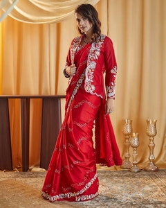 KV <b>Red</b> Embroidered Designer Saree With Unstitched <b>Blouse</b> - Product Image 3