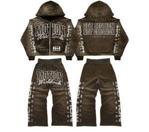 Conjunto de Sudadera con Capucha Estampada de Punto Transpirable con Lavado Ácido Personalizado y Pantalones de Chándal Acampanados para Hombre, Estilo Vintage Urbano, Tejido Pesado 100% - Product Image 4