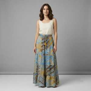 Women's Boho Woven Silk Digital Printed Tiered A-Line Maxi <b>Skirt</b> with <b>Elastic</b> Waist Casual Summer Cotton Blend - Product Image 5
