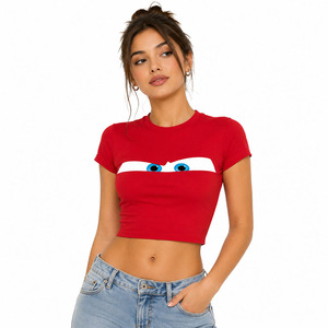 Top Corto Rojo de Manga Corta con Cuello Redondo, Estampado, Ajustado, Informal, Personalizado - Product Image 4