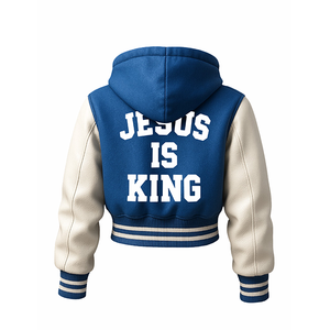 Women's Christian Jesus Crown of Thorns <b>Cross</b> Varsity Jacket Faith Inspired Waterproof Front Blue & White Hooded Bomber Jacket - Product Image 2