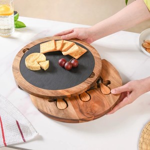 Round Acacia Wood Cheese Board with Slate Serving Surface and Hidden Cheese <b>Knife</b> Set Dishwasher <b>Safe</b> Decorative - Product Image 3