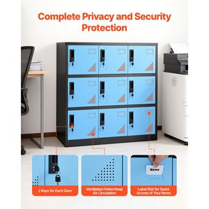 ตู้ล็อกเกอร์โลหะ 9 ประตู รับน้ำหนักได้ 66 ปอนด์ 3 ชั้น ตู้เก็บของเหล็กแบบมีกุญแจพร้อมกุญแจ 2 ดอกต่อประตู ตู้ล็อกเกอร์สำหรับพนักงาน - Product Image 5