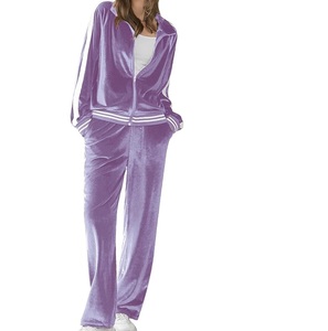 Conjunto de chándal de terciopelo morado para mujer, de otoño, con cremallera, transpirable, de dos piezas, de velour, de gran venta - Product Image 1