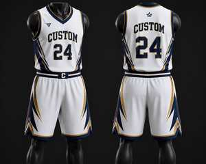 Uniforme de Baloncesto Personalizado Blanco, Azul Marino y Dorado, Conjunto de Camiseta y Pantalones Cortos Sublimados, Ropa Deportiva Profesional Transpirable para Equipos - Product Image 1