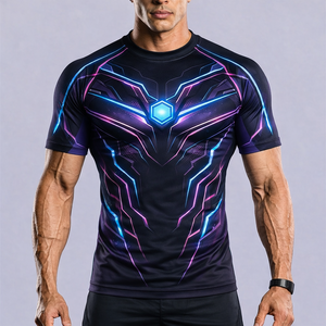Men's <b>Brown</b> Blue Geometric Compression Shirt Short Sleeve Quick Dry Polyester Rash Guard Top - Product Image 3