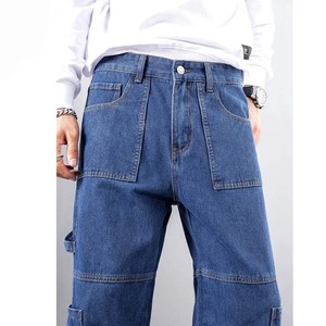 Jeans Cargo de Mezclilla para Hombre, Color Azul Sólido, Corte Holgado, Cintura Media, Estilo Casual, para Otoño, Tela de Algodón, Diseño con Bolsillos - Product Image 3