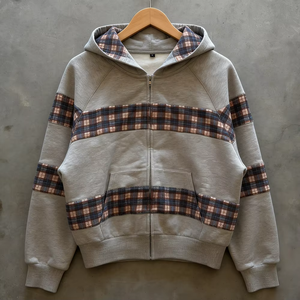 Vêtements personnalisés en coton lourd, patchwork, couleur contrastée, plaid, sweat à capuche court pour hommes - Product Image 3
