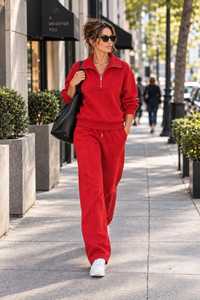 Ensemble de survêtement décontracté pour femme : sweat-shirt rouge à demi-zip et pantalon large, coupe ample, deux pièces - Product Image 4