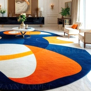 Alfombra Redonda Abstracta Hecha a Mano con Patrón Geométrico Azul, Naranja y Amarillo para Decoración de Sala de Estar y Dormitorio Modernos - Product Image 2