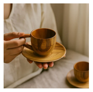 Tazas de Té Japonesas Personalizadas, Mini Tazas de Madera Duraderas Hechas a Mano, Tazas y Platillos de Madera Natural - Product Image 1