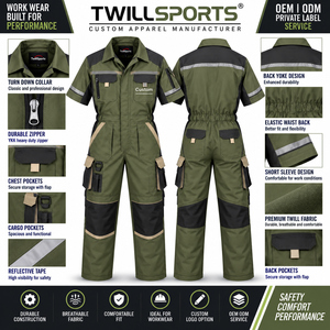 Combinaison de travail pour homme TwillSports à manches courtes, vert olive, uniforme de sécurité réfléchissant avec plusieurs poches et genoux renforcés - Product Image 6