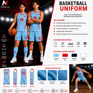ชุดบาสเก็ตบอลสีฟ้าอ่อนแบบ OEM ออกแบบเองได้ ชุดเสื้อเจอร์ซีย์สีฟ้า Mew Design ชุดบาสเก็ตบอลแบบ sublimation ชุดบาสเก็ตบอลสั่งทำพิเศษ - Product Image 1
