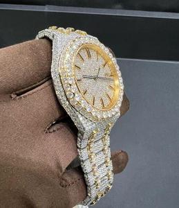 Montre mécanique ETA en acier inoxydable, entièrement sertie de moissanite jaune or, look élégant, résistante à l'eau 3 bars, vente en gros - Product Image 2