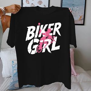 BIKER GIRL avec roue de moto T-shirt confortable en pur coton pour femme - Product Image 1