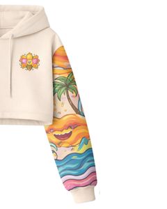 Ensemble crop top et short pour femme, imprimé tropical, manches contrastées, tenue décontractée deux pièces, molleton de coton, vente en gros personnalisée - Product Image 2