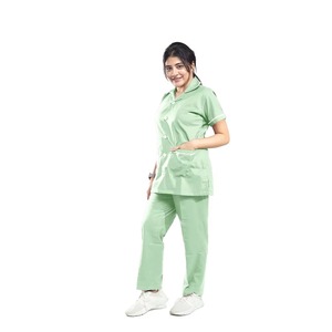 Women's Light Green <b>Scrub</b> Set Short Sleeve Collar Top With Pockets Hospital Uniform Woven Cotton Polyester Blend - Product Image 4
