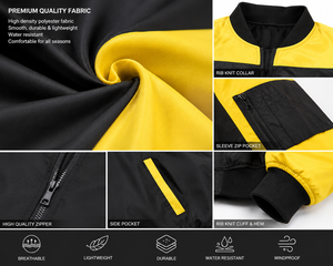 เสื้อแจ็คเก็ตบอมเบอร์สีเหลืองดำสำหรับผู้ชาย แบบกันลม มีซิป แจ็คเก็ตนักบิน น้ำหนักเบา ผลิตจากโพลีเอสเตอร์ เสื้อโค้ทลำลองสำหรับฤดูหนาว บริการ OEM ODM - Product Image 5