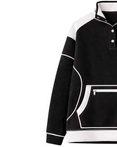 Sweat-shirt personnalisé noir et blanc pour femme, en molleton, à capuche, coupe oversize, col montant à boutons-pression, hiver, décontracté, avec poche zippée - Product Image 3