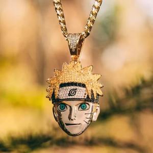 Pendentif visage anime doré avec détails en moissanite, plaqué rhodium, pour homme, style hip-hop, collier statement - Product Image 3