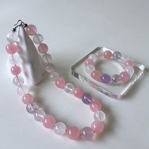 Vefiery 15-16mm Large Beads Mixed <b>Crystal</b> Jewelry <b>Set</b> Natural Rose Quartz Amethyst Clear Quartz Beaded Bracelet & Necklace - Product Image 5