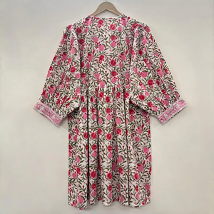 Vestido casual midi de mujer, 100% algodón, tejido, liso/con estampado floral, detalles estructurales, cuello en V, manga corta, estilo imperio, talla grande - Product Image 5