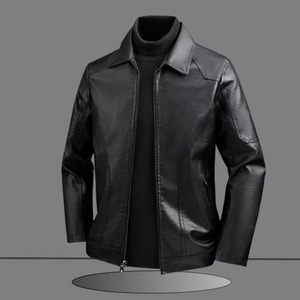 Veste en cuir PU pour homme, style motard, col rabattu, fermeture éclair, couleur unie, coupe ajustée, manches classiques, automne - Product Image 3