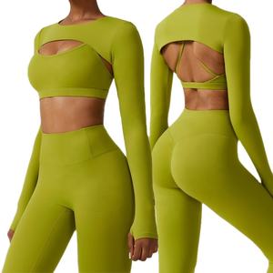 Nouvel ensemble de sport pour femme, automne-hiver, 4 pièces, haut court et leggings sans coutures, manches longues, qualité supérieure - Product Image 1