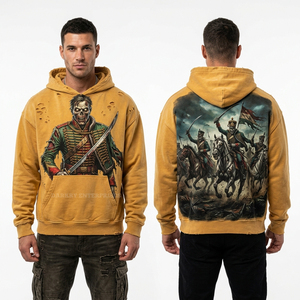 Sweat à capuche en molleton épais jaune moutarde délavé pour homme, coupe ample, style streetwear vieilli, avec imprimé graphique squelette de cavalerie - Product Image 1