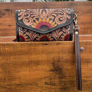 2025 superventas diseño de girasol bolso con flecos de cuero de vaca y cartera de cuero genuino para mujer Conjunto Combinado de 2 piezas - Product Image 6