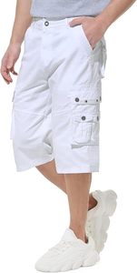 Men's <b>White</b> <b>Cargo</b> Shorts Mid Waist Button Fly Casual Style Bermuda Length Pockets Design 100% Cotton Breathable - Product Image 6
