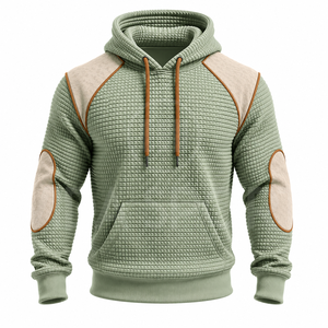 Ensemble de survêtement matelassé vert pour homme avec capuche et patchs marron, manches longues, tenue décontractée d'automne, pantalon uni avec cordon de serrage - Product Image 2