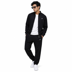 Ensemble de survêtement pour homme, veste zippée noire et pantalon de jogging, coupe classique, couleur unie, respirant, en tissu French Terry, pour l'automne, deux pièces, avec capuche - Product Image 1