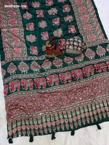 Premium Quality Japan Satin with Ajrakh-Traditional Motif Print & Real Mirror work <b>Saree</b>-Set Collection Indian Supplier - Product Image 5
