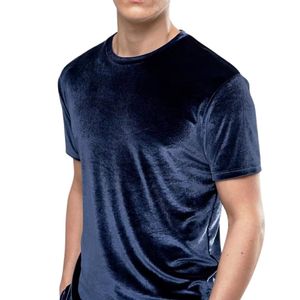 T-shirt en velours bleu marine pour homme, velours lisse, manches courtes, col rond, minimaliste, respirant, vêtement de mode estival - Product Image 3