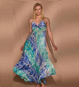 Vestido largo de verano para mujer con estampado floral, estilo bohemio, cuello halter, espalda descubierta con lazo, plisado y cintura imperio, surtido - Product Image 1