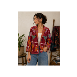 Prairie Chic Embroidered Woven Velvet <b>Quilted</b> <b>Jacket</b> Red Floral <b>Pattern</b> Spread Collar Full Sleeve Autumn Women's Wear - Product Image 1
