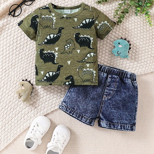 Ensemble 2 pièces d'été délavé et vieilli pour homme : T-shirt court en coton épais et short en jean avec rivets, style vintage, couleur unie, séchage rapide - Product Image 1