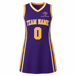 Warpro Industry – Robe de basket-ball pour femmes, violette et jaune, col en V, sans manches, nom et numéro d'équipe personnalisés, impression par sublimation - Product Image 1