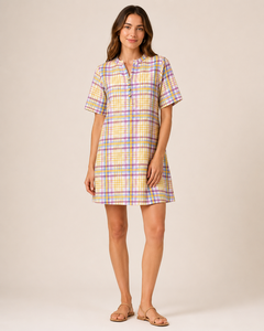 Camisa Holgada de Algodón Popelín para Mujer, Estilo Casual, Cuello Mao, Botones al Frente, Diseño a Cuadros Simple, Transpirable, para Primavera/Verano - Product Image 1