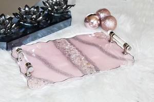 Handmade Sparkly Silver Glitter Resin <b>Tray</b> with Crystal Silver Handles, Luxury Handmade <b>Vanity</b> W/Crystals, Coffee Table Decor - Product Image 5