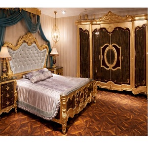 Ensemble de meubles de chambre à coucher et de lit en bois de teck noir et or sur le thème égyptien Maharaja, très soigné, style rococo antique - Product Image 1