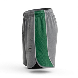 Shorts de sport décontractés pour homme en tissu peigné gris-vert avec logo personnalisé, taille élastique respirante, couleur unie et bande latérale - Product Image 4