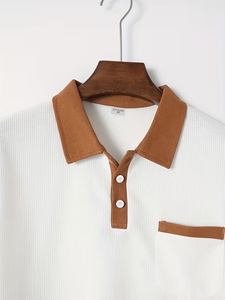 Men's White Polo Shirt Set With Brown Trim Knitted Cotton Casual Summer Wear - Product Image 3