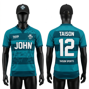 เสื้อรักบี้ผู้ชายพรีเมียม 180 GSM โพลีเอสเตอร์ สีเขียวอมฟ้า ลายทางเรขาคณิต ระบายอากาศได้ดี พร้อมสกรีนโลโก้ตามสั่ง ทรงพอดีตัว - Product Image 1