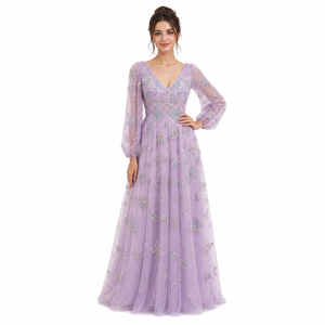 Vestidos de noche de lujo con bordado de lavanda, diseño de mariposa, manga larga, vestido de tul natural |   Ropa Elegante para Fiestas, OEM Privado - Product Image 1