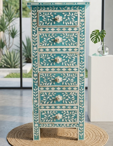 Commode en bois avec incrustations d'os de couleur turquoise, style bohème, meuble artisanal pour chambre à coucher, usage intérieur, tiroir haut avec incrustations d'os - Product Image 1