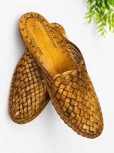 Chaussures de marche en feuilles de palmier tissées à la main, à bout fermé, à enfiler, semelle en cuir véritable, décontractées, pour intérieur et extérieur, jaunes, ethniques - Product Image 3